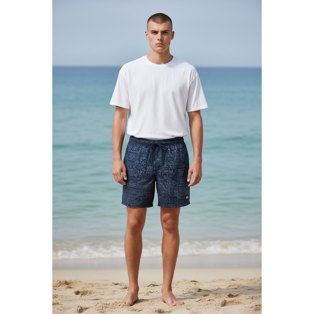 1150 Quiksilver Mens Total Eclipse Tribal  7in Swim Volley Shorts Blue L NWT